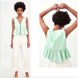 ZARA mint green peplum hem zip up top L